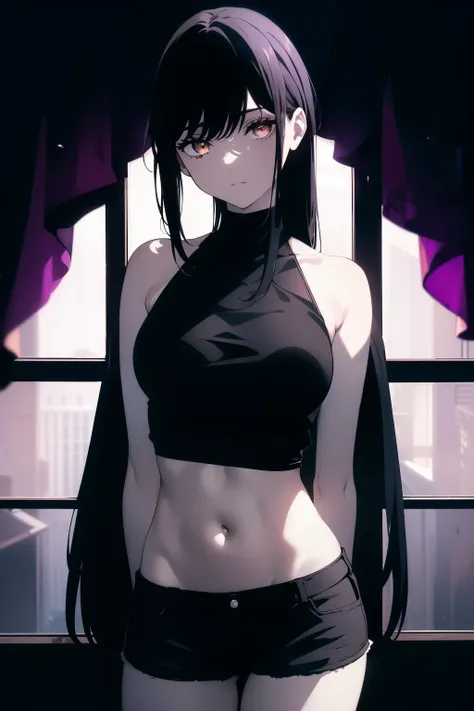 ((((Obra maestra, La mejor calidad, ultrahigh resolution)))), 1girl, posing, partying, black t-shirt, jean shorts, (black hair, dark black hair over eye:1), long hair cut, pale skin, ((brown eyes)), (glowing_eyes), (ultra detailed eyes:0.7, beautiful and d...