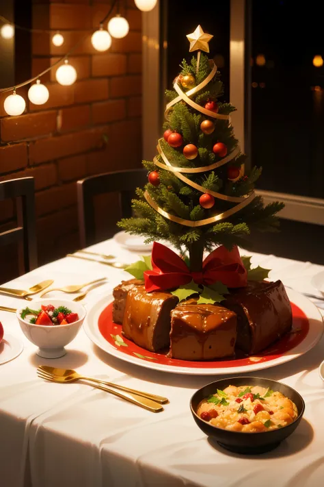 A Christmas dinner party with various cuisines, in the shape of Xmas tree, dark red and light gold, xmaspunk, gutai group, full of details, uniformly staged