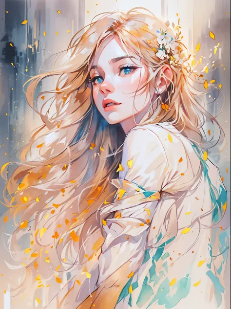 (8k, best quality, masterpiece:1.2),(best quality:1.0), (ultra highres:1.0), watercolor, a beautiful woman, shoulder, hair ribbons, by agnes cecile, half body portrait, extremely luminous bright design, pastel colors, (ink:1.3), autumn lights,