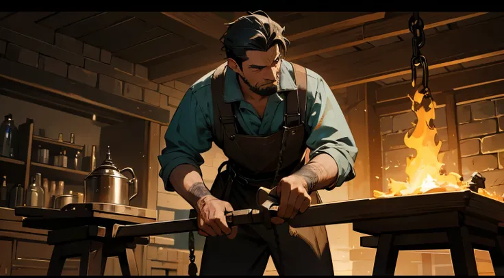 A man working as a blacksmith in a detailed background with a blacksmith working station. The background should have dim lights, vivid colors, and be ultra-detailed. The man should be the main focus with a realistic depiction.