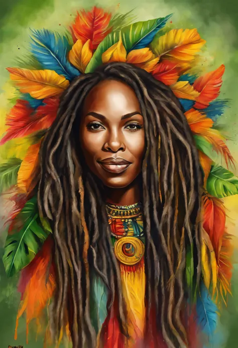 (best quality,Realistic:1.2),mulher negra com sorriso rastafari, dreadlocks vibrantes, tattoo design with Realistic colors of reggae, medium:illustration,ultra-detalhado,rosto radiante,positive expression,moda rasta,reggae influences,olhos detalhados,full ...