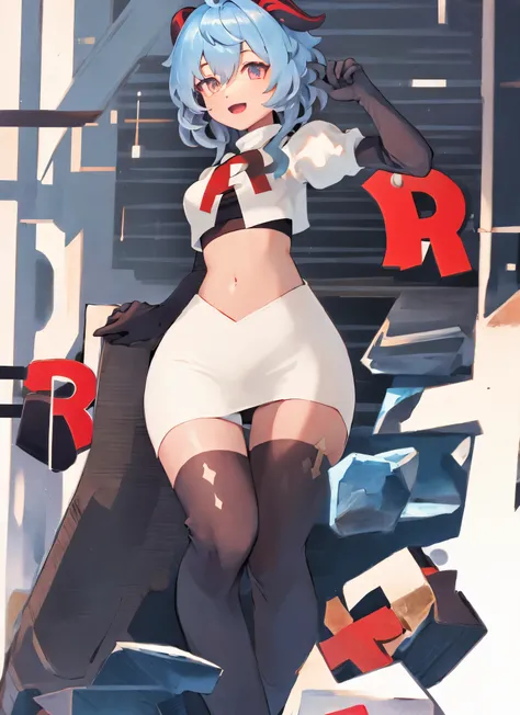 ganyudef, short hair, team rocket,team rocket uniform, red letter R, white skirt,white crop top,black thigh-highs,black elbow gloves