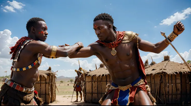 Hyperrealistic image of Two Kenyan male Maasai warriors engaged in an intense and riveting battle, showcasing the epitome of their martial prowess. Amidst the clash, one male Maasai warrior skillfully thrusts his spear into the abdomen of his adversary, em...