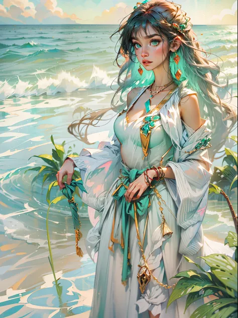 (((huge chest))), long hair, fine ruby necklace, beach, seaside, coconut palms, pale green lace suit, coast, feldspar step platform.