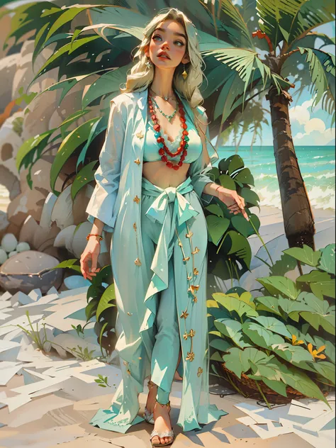 (((huge chest))), long hair, fine ruby necklace, beach, seaside, coconut palms, pale green lace suit, coast, feldspar step platform.