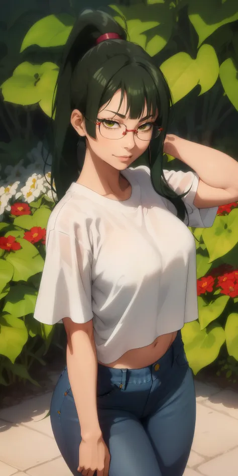 large round breasts, maki zenin ((maki zenin)), ((her hair is dark green, with cut bangs, straight at the height, high ponytail,...