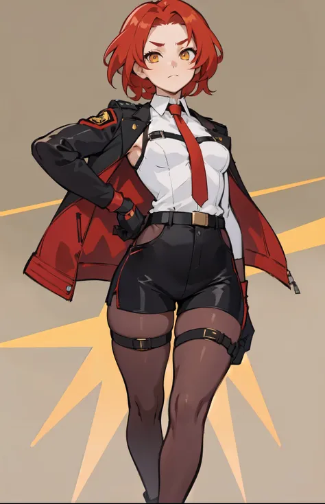 1girl, young woman, solo, short hair, Small  hair, (forehead:1.2), yellow eyes, sharp ocular posture, (scarlet red hair), light brown skin tone, Athletic, muscular, medium breasts, (cropped jacket, black jacket), white shirt, collared shirt, (chest harness...