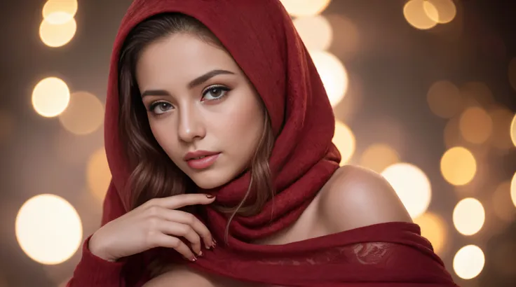 best quality,ultra-detailed,highres,(realistic:1.37),(portrait:1.2),beautiful detailed eyes,beautiful detailed lips,extremely detailed eyes and face,long eyelashes,1girl,medium boobs,red hijab,red long t-shirt,red lingerie,candy,christmas,santa,white liqui...