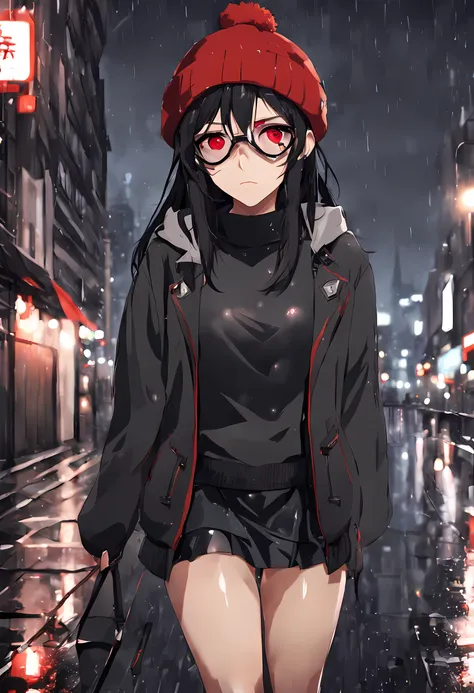 best quality, 1girl, alternate girl, anime, long black hair, red eyes, neutral expression, gray jumper, black jacket, red beanie...