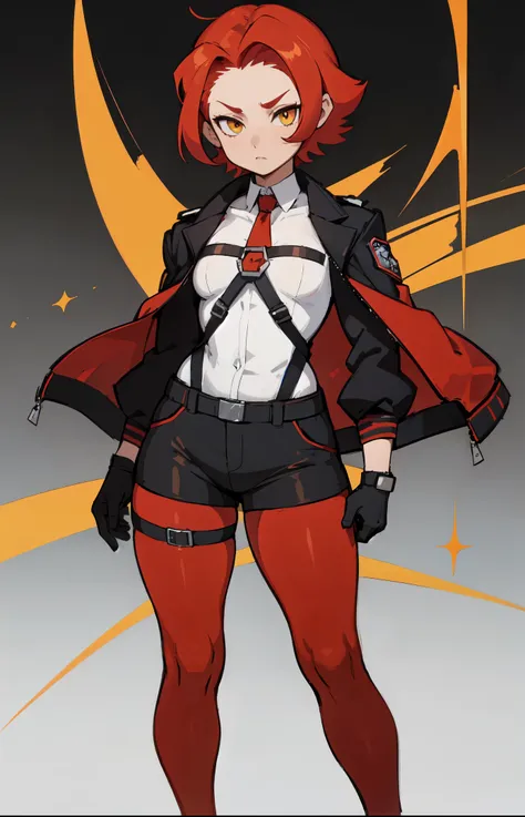 1girl, young woman, solo, short hair, Small  hair, (forehead:1.2), yellow eyes, sharp ocular posture, (scarlet red hair), light brown skin tone, Athletic, muscular, medium breasts, (cropped jacket, black jacket), white shirt, collared shirt, (chest harness...