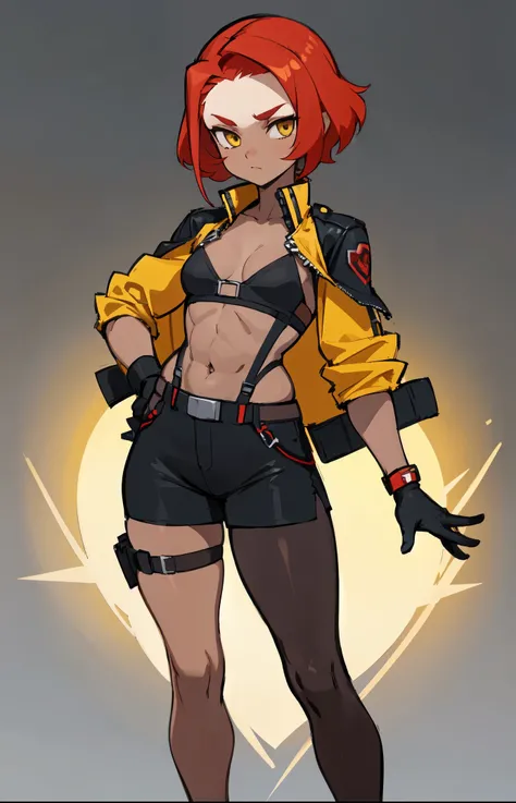 1girl, young woman, solo, short hair, Small  hair, (forehead:1.2), yellow eyes, sharp ocular posture, (scarlet red hair), light brown skin tone, Athletic, muscular, medium breasts, (cropped jacket, black jacket), white shirt, collared shirt, (chest harness...