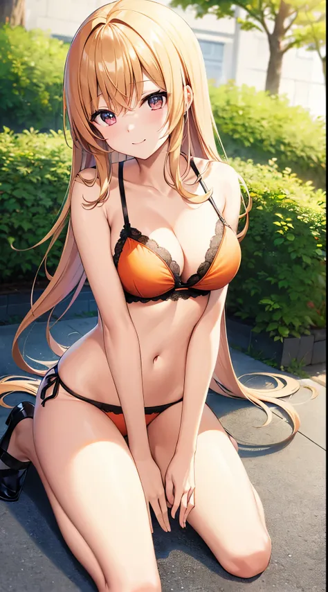 (Best Quality:1.3)、1girl in、Colossal tits、orange bra and lace panties、all-fours、Twin-tailed、eye glass、Shyness、Cute anime illustration、Kamimei、