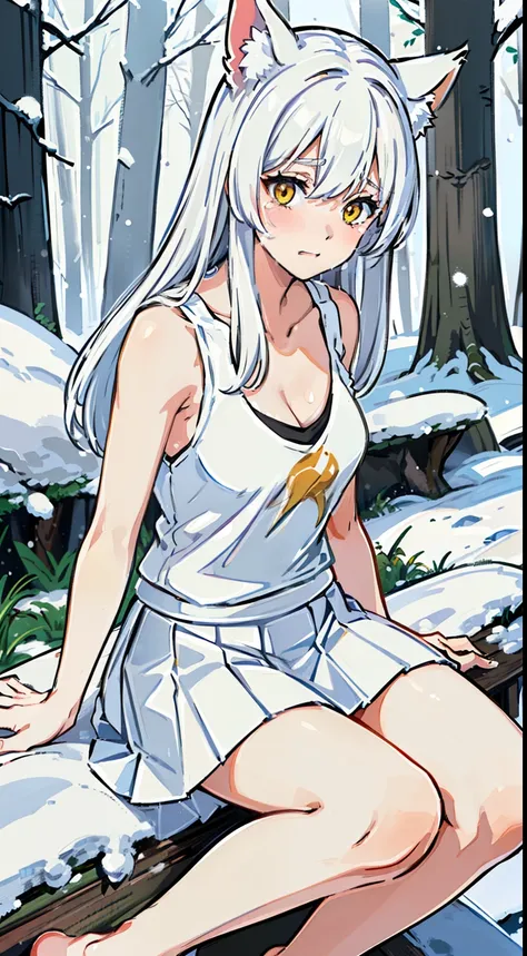 1girl,solo,medium breasts,mature female,,((white sleeveless and shoulderless t-shirt,cleavage, white pleated skirt)),silver hair,long hair,yellow eyes,fox ears,((sitting in snow,snowing,in a forest)),from front,(bare feet),crying,from front,(scared face)