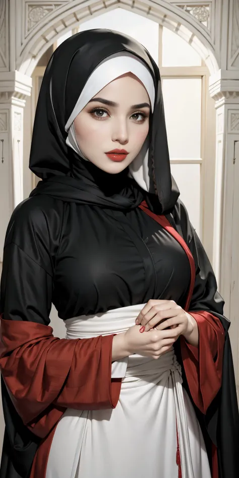 Extremely beautiful white Arab woman, well-defined and expressive dark eyes, dressed in red hijab, black abaya and black niqab with two irregular red stripes.
She is holding in her hands a delicious and appetizing Arabic esfiha.