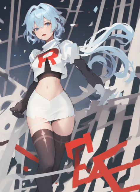 ganyudef, short hair, light blue hair, team rocket,team rocket uniform, red letter R, white skirt,white crop top,black thigh-highs,black elbow gloves