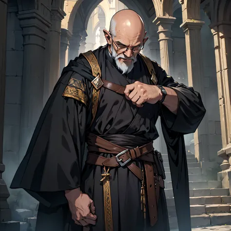 ​masterpiece, Best Quality, detailed, Cinematics, 4k, Background with: dark night medieval dungeon stairs, A very tall bald very old man wearing an dark black robe