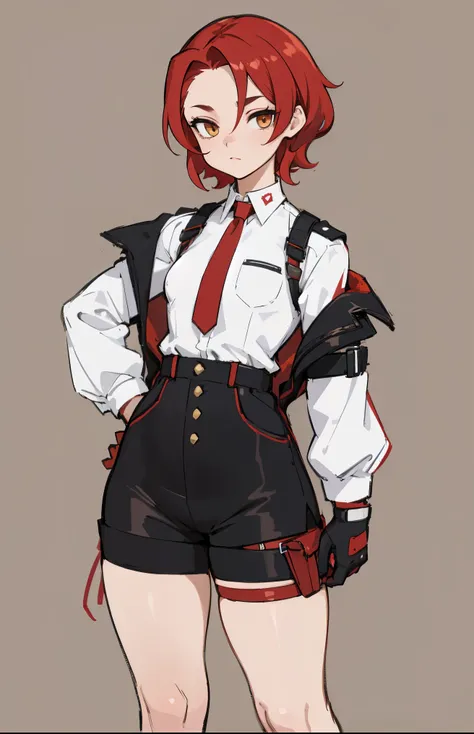 1girl, young woman, solo, short hair, Small  hair, (forehead:1.2), yellow eyes, sharp ocular posture, (scarlet red hair), light brown skin tone, Athletic, muscular, medium breasts, (cropped jacket, black jacket), white shirt, collared shirt, (chest harness...