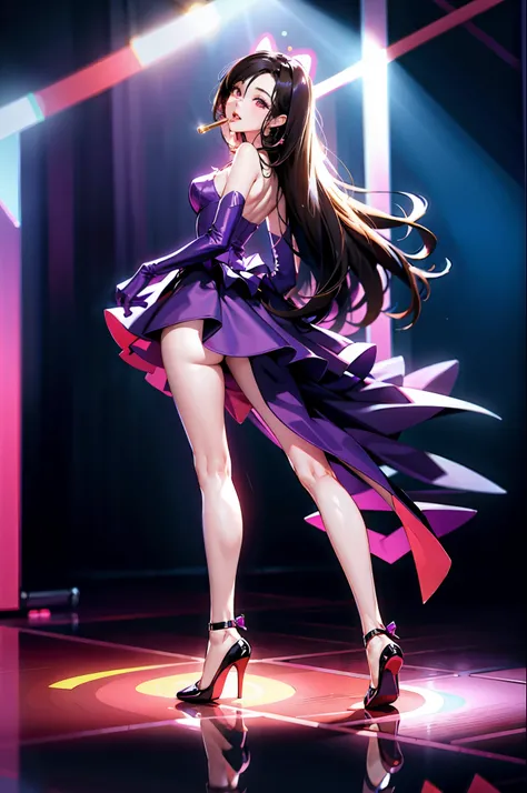 Girls Stocking long legs dancing in the club drunk happy drinking beer long hair brunette tigth top, mini purple dress, hight heels, realistic, 4k, masterpiece, amazing neon ligths, dj in th ebackground