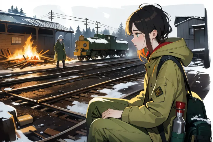 masterpiece, best quality, 2girls, (closeup), (bonfire), 18yo teen, slim, small breast, sitting by bonfire, sad, tired, dirty face, green raincoat, hoods on, goggles on head, (backpacks), military pants, train station, abandoned trains, desolate, snow, win...