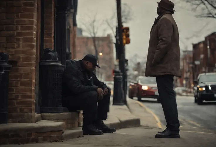 a police officer talking to a junkie, rough street corner, Baltimore