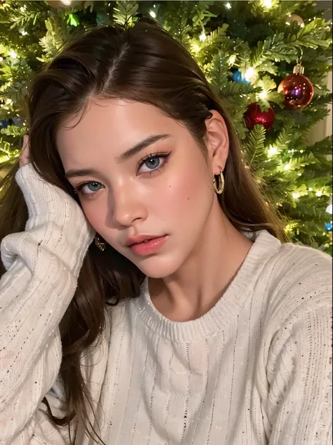 arafed woman sitting in front of a christmas tree with a cell phone, barbara palvin, portrait of barbara palvin, madre taylor jo...