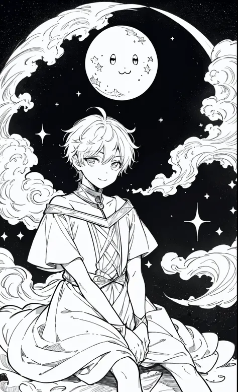 (best quality, masterpiece), 1 boy, galaxy, glitter, costume, particle, wind, stars, upper body, dark simple background, looking at the stars, sitting in the moon, looking at viewer, lightly smiley face, manga style, manga, black and white