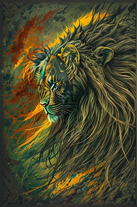 1 Rastafarian black lion roaring, cabelo dreadlocks Desenho tatuagem realismo nas cores do reggae