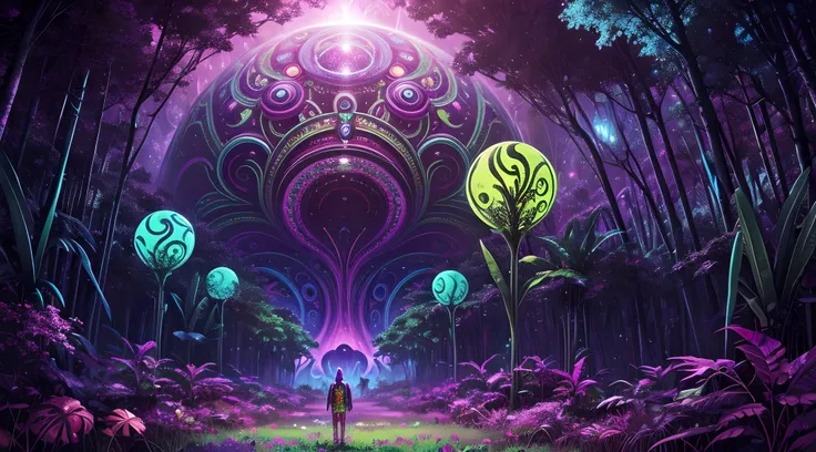 A poster of a psychedelic psychedelic psychedelic psychedelic, extraterrestrial paradise, psychedelic artwork, Arte Trippy, Viagem DMT, psychedelic artwork, psychedelic acid trip, alien forest in background, on a lush fertile alien planet, psychedelic trip...