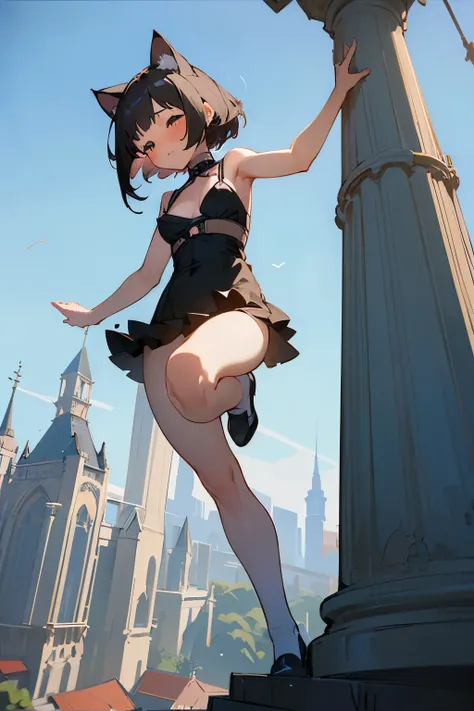 ((​masterpiece)), (32K), (Raw photography), (top quality), ​from below, (Looking down on the ground), on a tower higher than the sky, (Cute beautiful girl), very blush, (jumping pose), messy medium bob, put on cat ears, small breasts, Wearing sexy bra, vil...