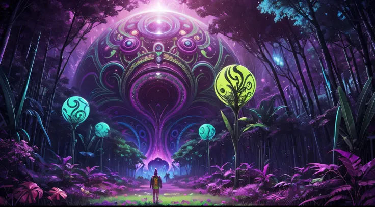 A poster of a psychedelic psychedelic psychedelic psychedelic, extraterrestrial paradise, psychedelic artwork, Arte Trippy, Viagem DMT, psychedelic artwork, psychedelic acid trip, alien forest in background, on a lush fertile alien planet, psychedelic trip...