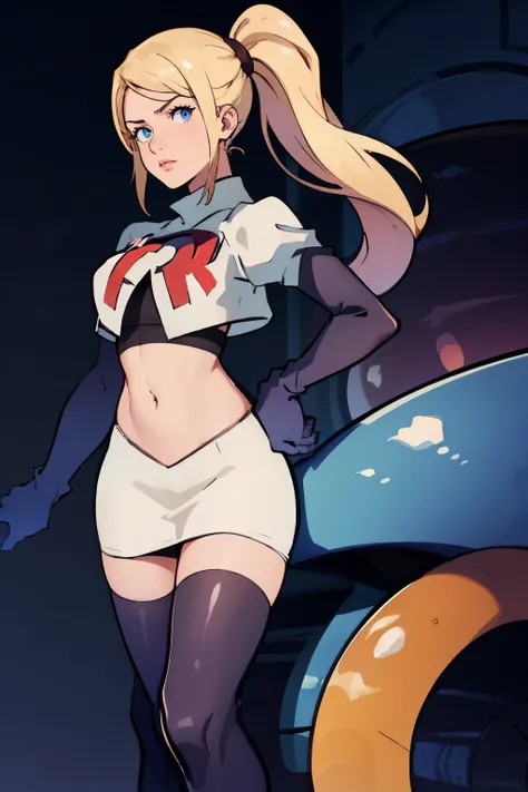 samus aran, ponytail, hair tie, team rocket, team rocket uniform, red letter R, white skirt, white crop top, black thigh-highs, black elbow gloves, spaceship background