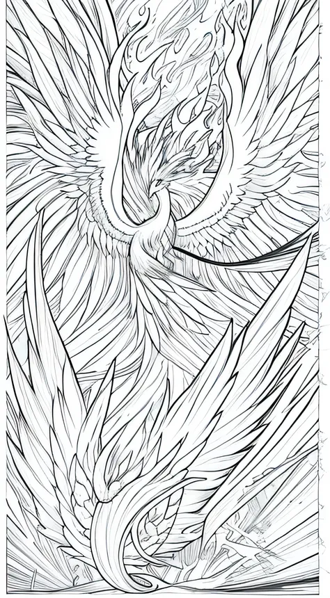 line art mythical phoenix in different stages of rebirth, surrounded by flames and vibrant bursts of color.