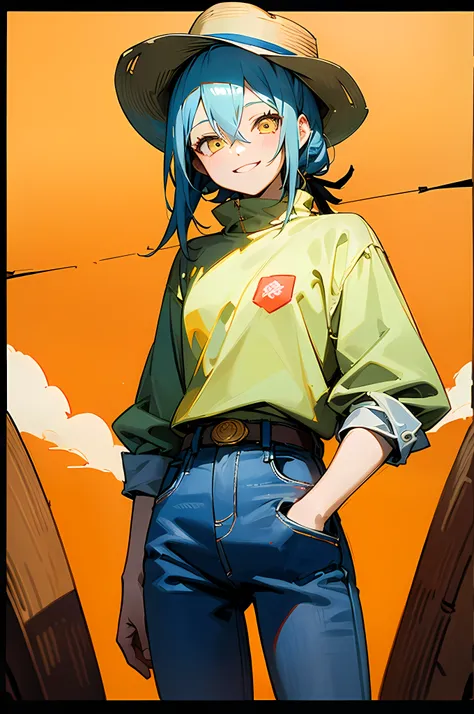 (8K Ultra High-Quality) (Masterpieces) (Image) (人物: Rimuru) 1 Girl, Yellow eyes colors, wearing red farmer shirt, wearing long Jean, wearing Cowboy hat, background in farm, smile looking at viewer.