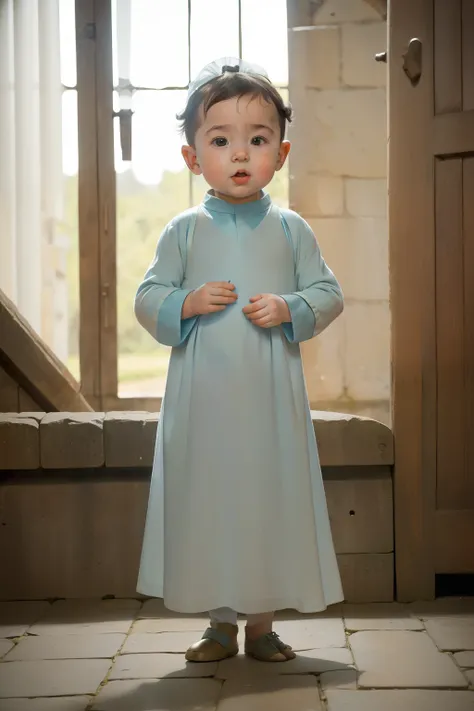 1137, Kingsbridge, England. otherworldly scene in a medieval cloister, ((((1-year-old)) baby boy)), taking his first steps, ((((poor plain tunic from the 12th century)))), ((Hairstyle of the 12th century)), ((Wes Anderson cinematic style)), colorful