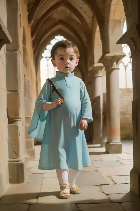 1137, Kingsbridge, England. otherworldly scene in a medieval cloister, ((((1-year-old)) baby boy)), taking his first steps, ((((poor plain tunic from the 12th century)))), ((Hairstyle of the 12th century)), ((Wes Anderson cinematic style)), colorful