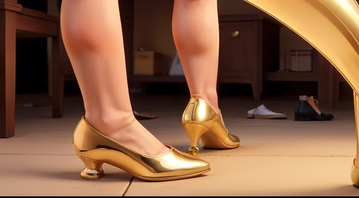 "There is a large female foot trying to fit into a golden evening shoe."