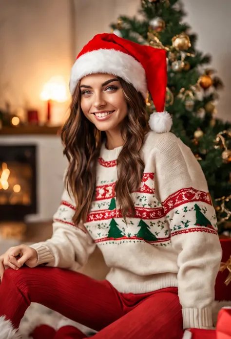 masterpiece, best quality, ultra-detailed, green eyes, brunette, (more smile: 0,8), ugly Christmas sweater, dynamic angle, (1 girl, solo: 1.3), (natural light), sweater, (flirting with camera: 0.7, sexy, Santa hat (natural background:0.8| livingroom), solo...