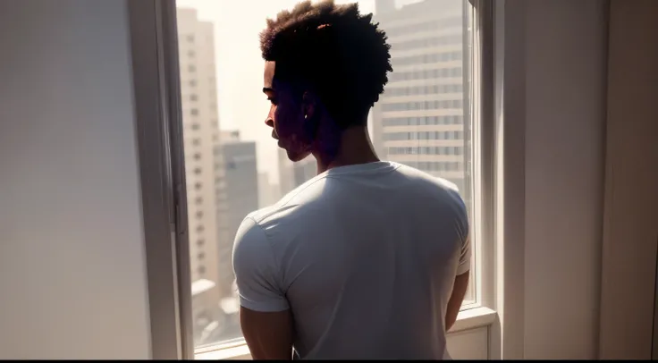 black man looking outside the window, back side view