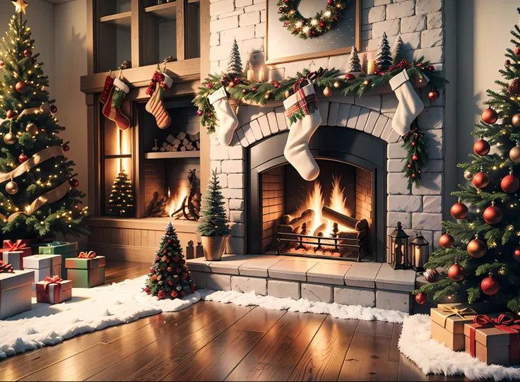 Full front view Christmas tree and fireplace, fotografia real, super realism rendering, realism rendering, 8k, --auto --v6 --s2