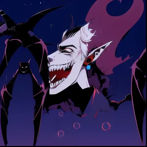 Anime boy, one piece style, halloween theme, bats flying, vampire boy, pale skin, purple hair