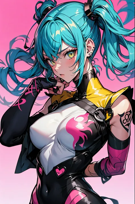 Alternative anime girl covered in tattoos, lots of tattoos, tattoo sleeves, focus on pink and yellow colours, illustration, basic colour backgrounds, industrial, graphic, Lino print