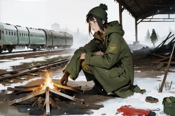 masterpiece, best quality, 2girls, (closeup), (capmfire), 18yo , slim, small breast, sitting on floor, around the campfire, sad, tired, dirty face, green raincoat, hoods on, goggles on head, (backpacks), military pants, train station, abandoned trains, des...