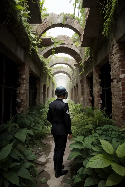 man with black uniform and helmet looking around the ruins of a city that has become overgrown with plants