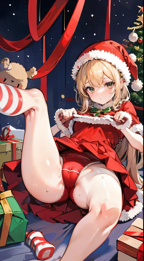 christmas，sweat drenched，camel-toe，Christmas tree，Gift box，ribbons，opening legs，Red and white stripeack Shadow，，big.ass