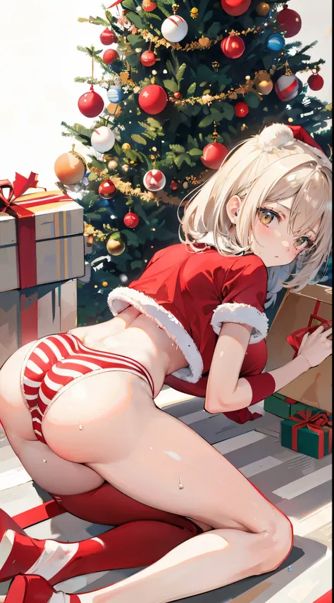 christmas，sweat drenched，camel-toe，Christmas tree，Gift box，ribbons，opening legs，Red and white stripeack Shadow，，big.ass