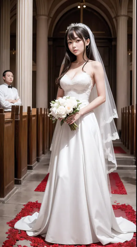 sugihara anri, ((solo)), alone, bride, wearing a white sexy wedding dress, queen, happy, ((forehead to show)), standing, enterin...