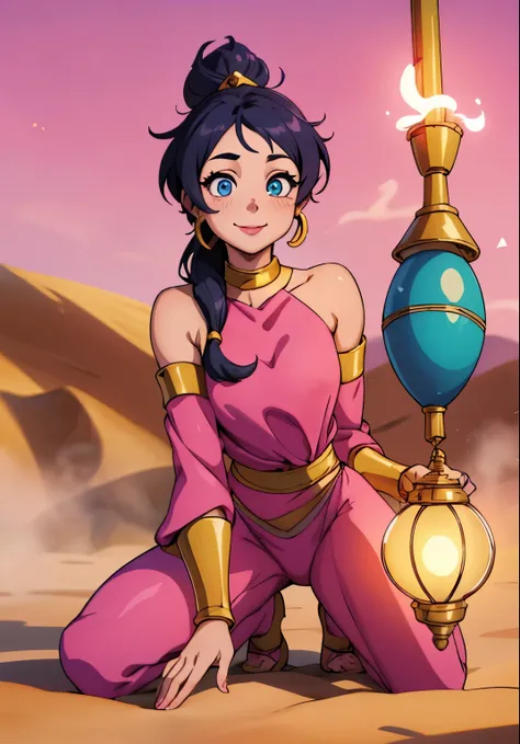 cute girl, Genie of the lamp, Inspired by the genie of the magic lamp in the movie Aladdin, Beautiful eyes, pink clothes, tied hair, beautiful smile, steam, Desert in the background