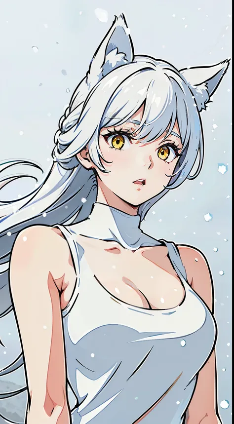 1girl,solo,medium breasts,mature female,((white sleeveless and shoulderless t-shirt,cleavage)),silver hair,long hair,yellow eyes,fox ears,((in snow,snowing)),looking to down view,((from below,pov)),:o