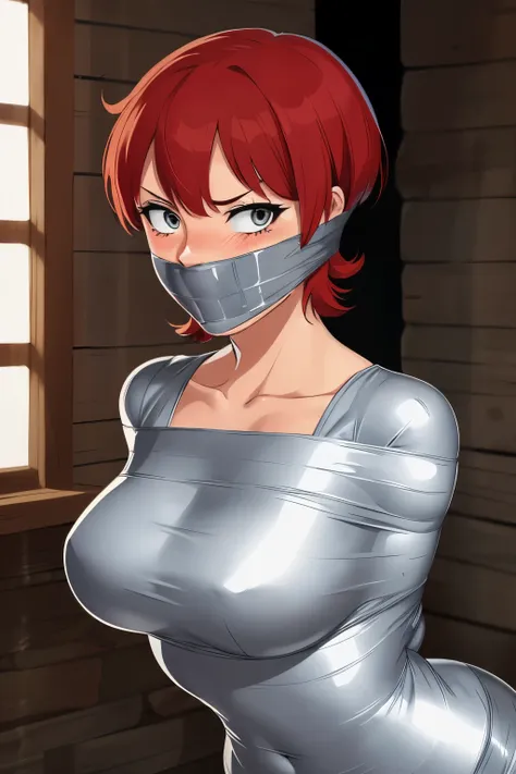 1girl, mummified, gagged, silver duct tape, off shoulder, bending over, arms behind back, red hair, short hair, blushing, big ch...