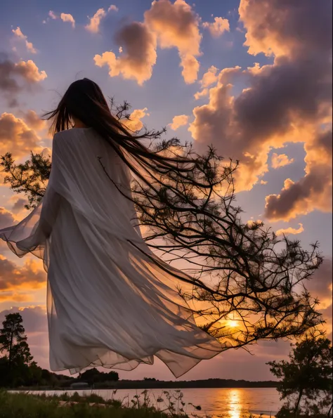 silhouette of a figure of a grieving woman walking away, with long black hair that moves in the wind, with the rosemary in the shadow in the foreground, farewell atmosphere, warm tones of the sunset --auto --s2